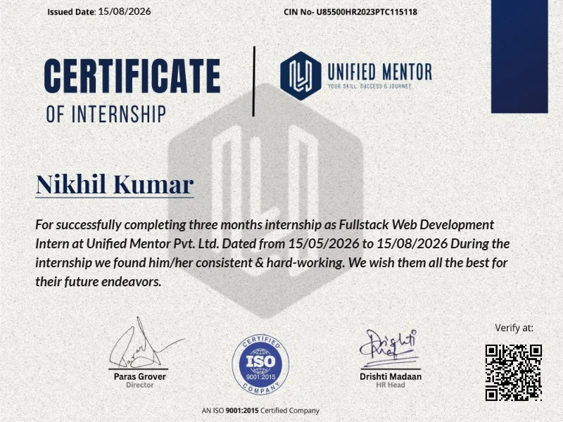 Unified Mentor Fullstack Web Development Internship Certificate